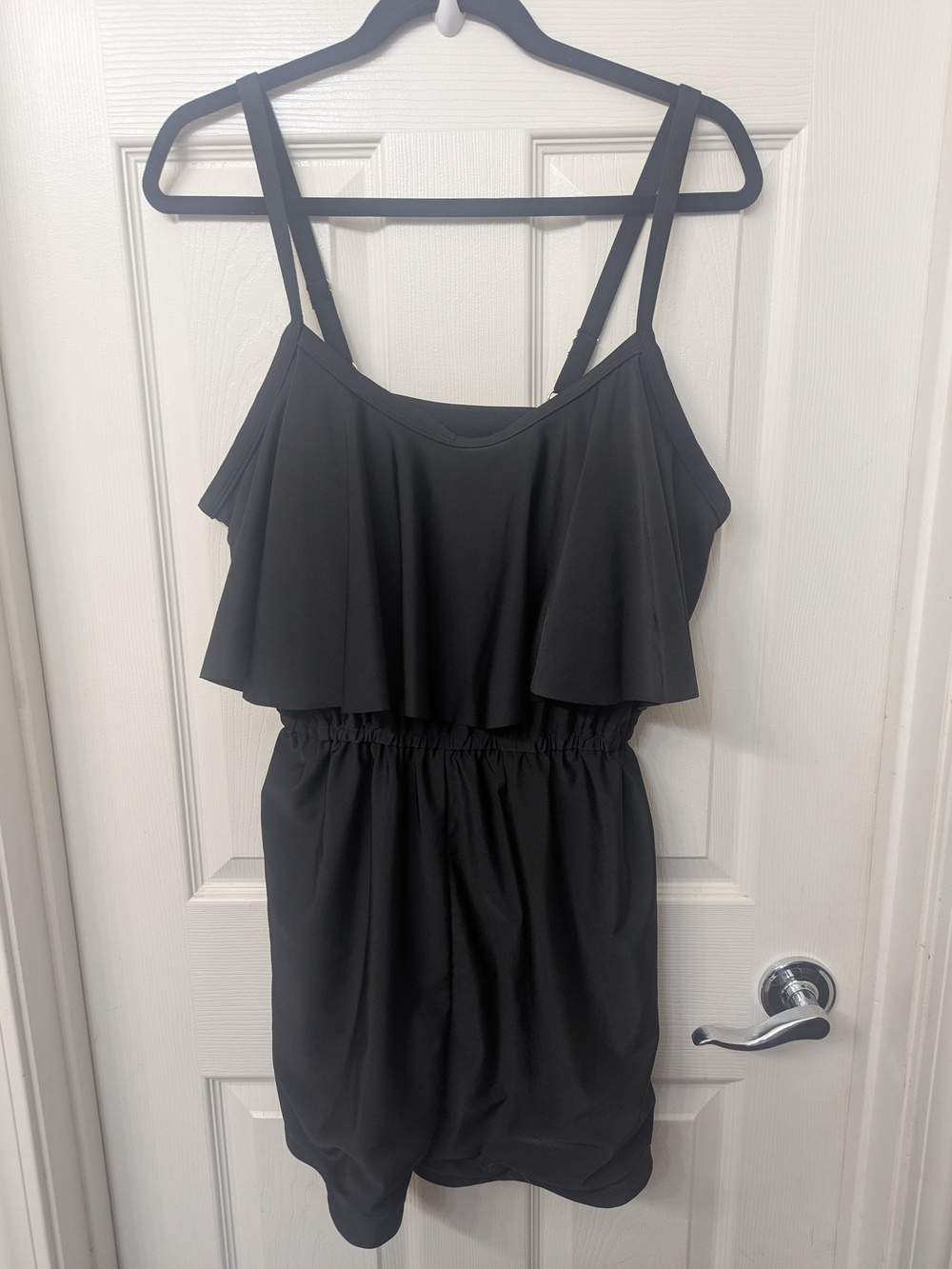 Amazon Black Women's One-Piece Swim Romper with Ruffle Overlay